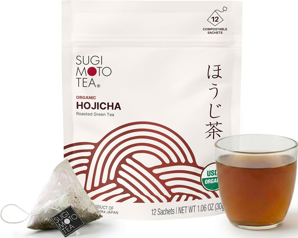 SUGIMOTO TEA front packaging showing 12 tea bags and organic label, highlights convenience
