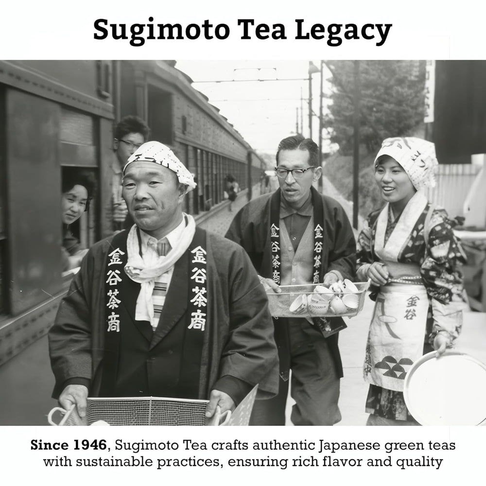 SUGIMOTO TEA portion comparison scale showing 20-count tea bag value and size