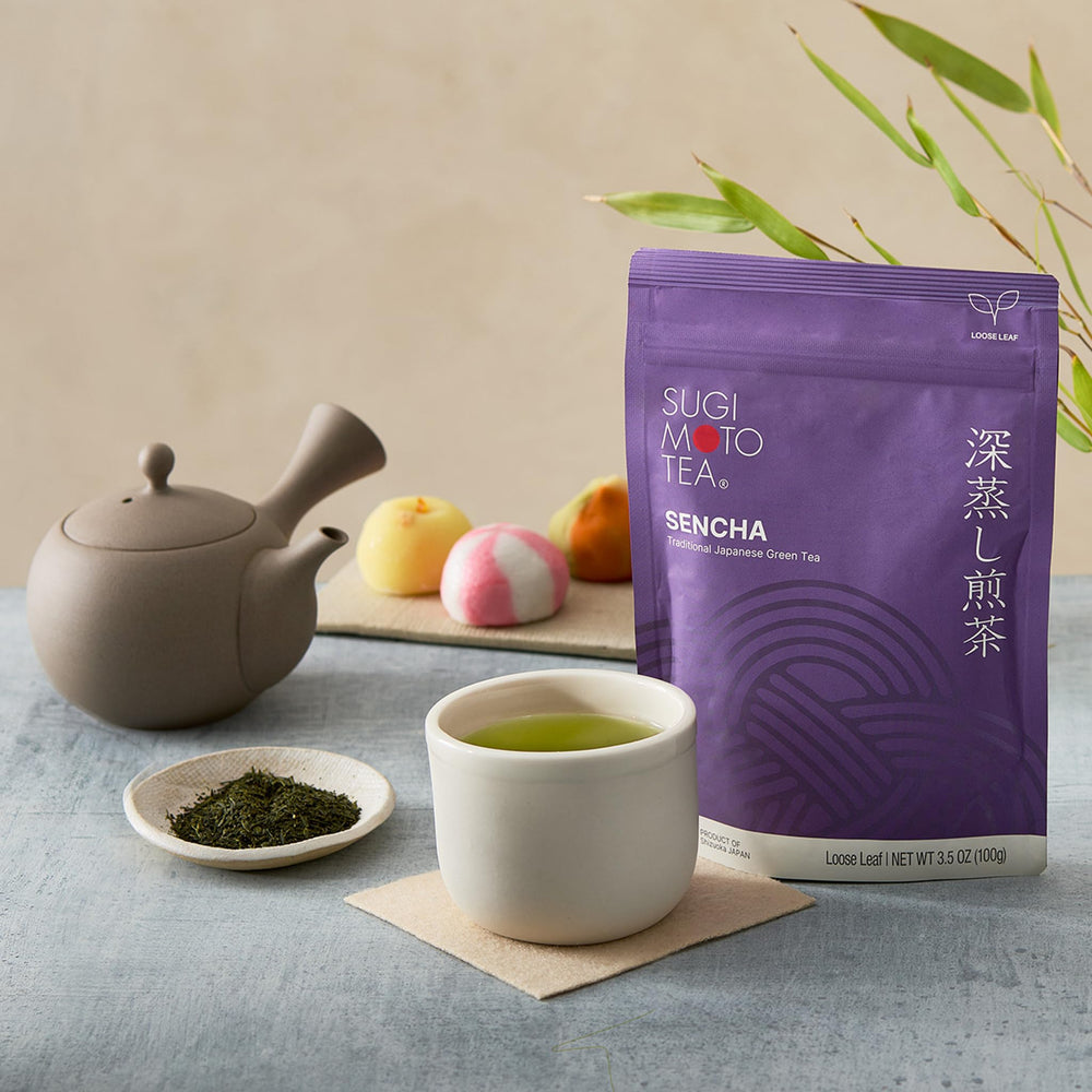 SUGIMOTO TEA pouring brewed tea into cup demonstrating easy serving