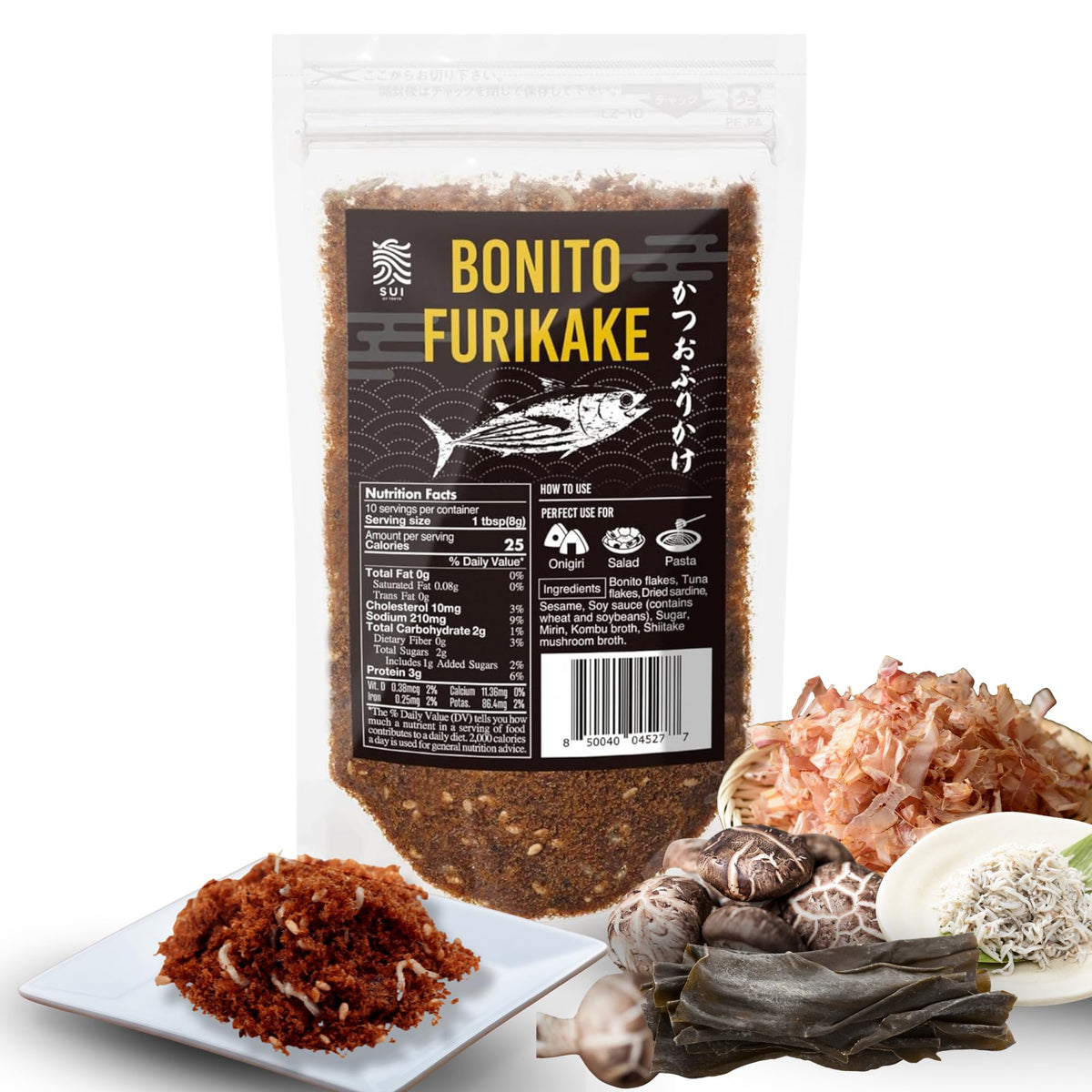 SUI of Tokyo front packaging showing natural bonito furikake, highlights quality