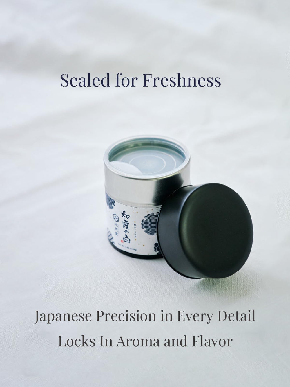 SUITENDO Wakasumi canister next to teacup showing size and portion guidance for home use
