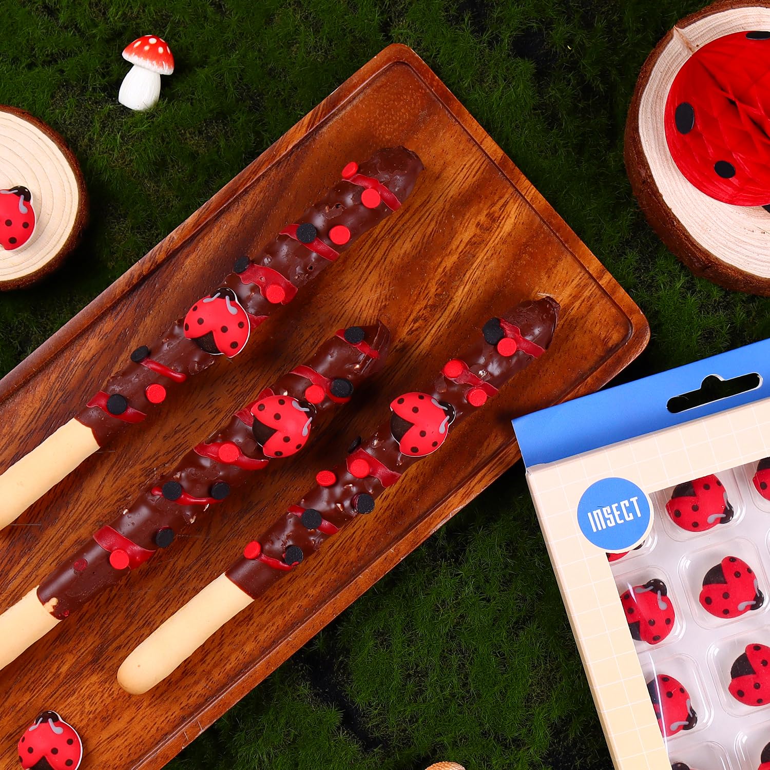 Sujoygar ladybug spread on cookie platter offering consistent decoration across multiple desserts