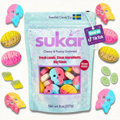 SUKAR front packaging showing 0.5 lb vegan gummies and brand clarity