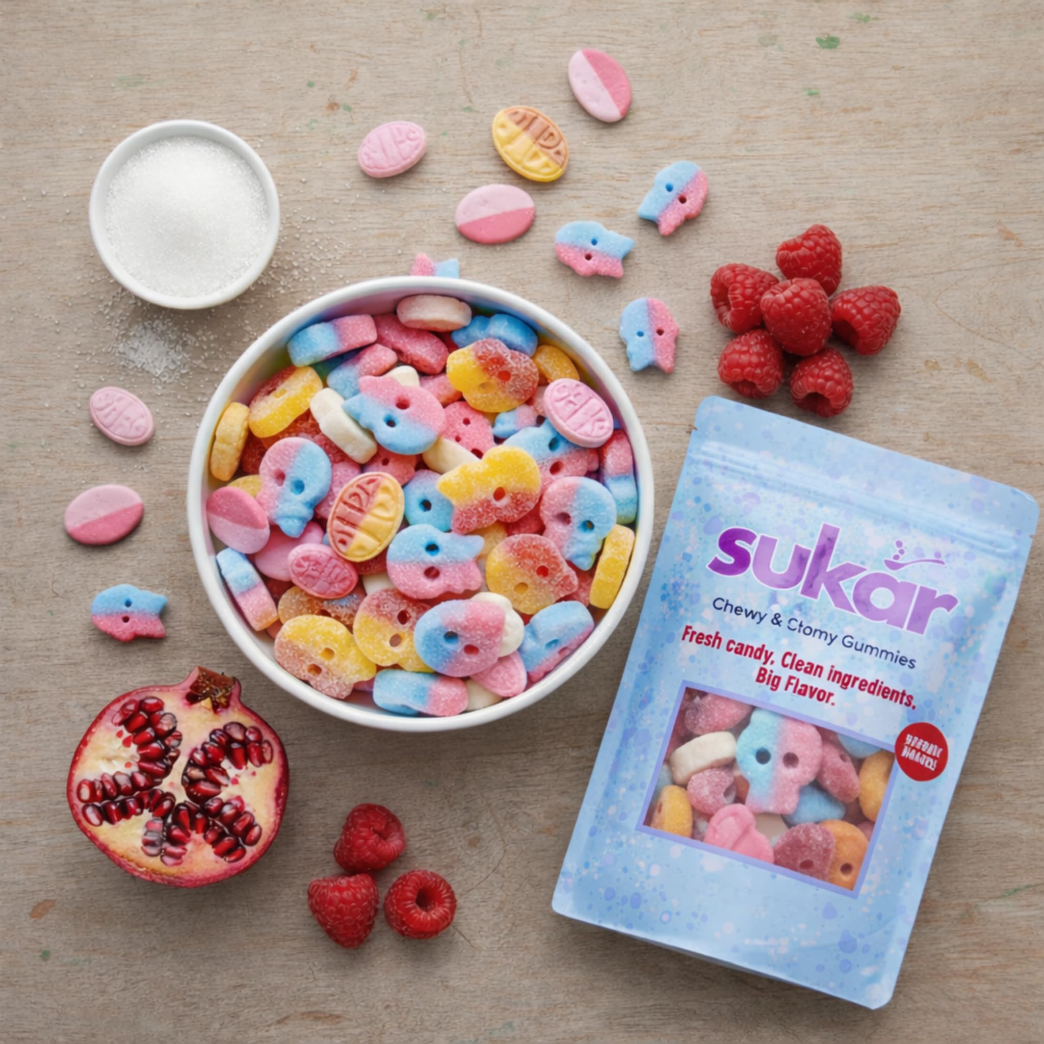 SUKAR ingredient label highlighting vegan and no Red Dye 40 benefits