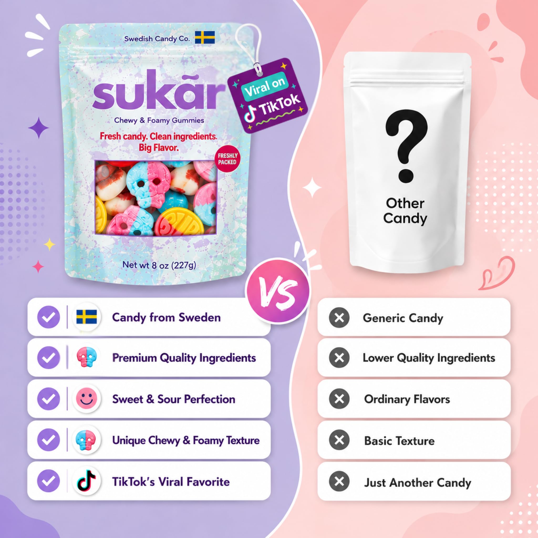 SUKAR open resealable pouch emphasizing freshness and convenience