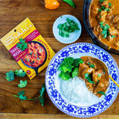 Plated Chicken Tikka Masala made with Sukhi's paste, showing rich color and aroma
