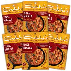 Sukhi's front packaging showing six 3oz tikka masala jars for pantry convenience
