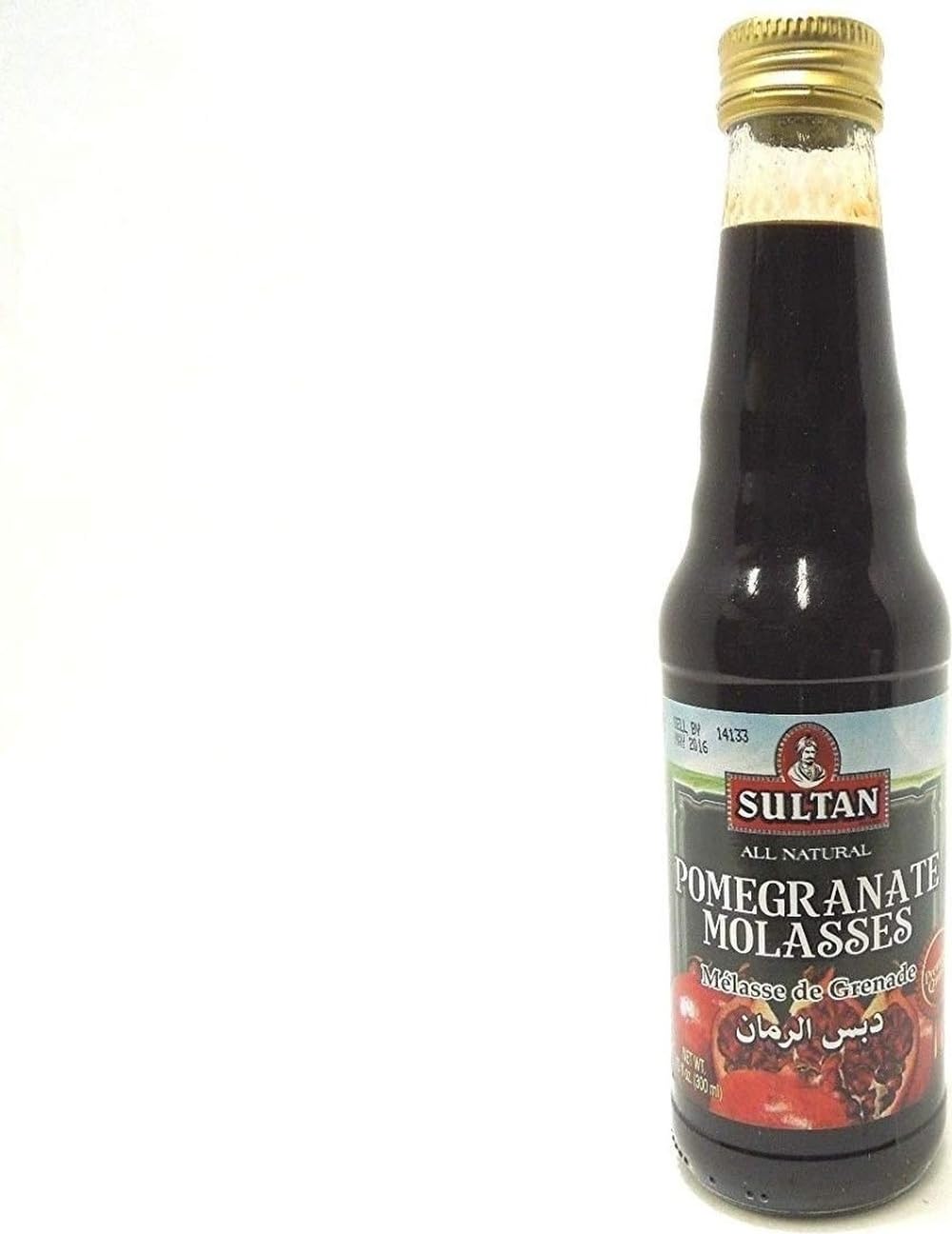 Sultan pomegranate molasses front bottle showing label and pourable syrup benefit