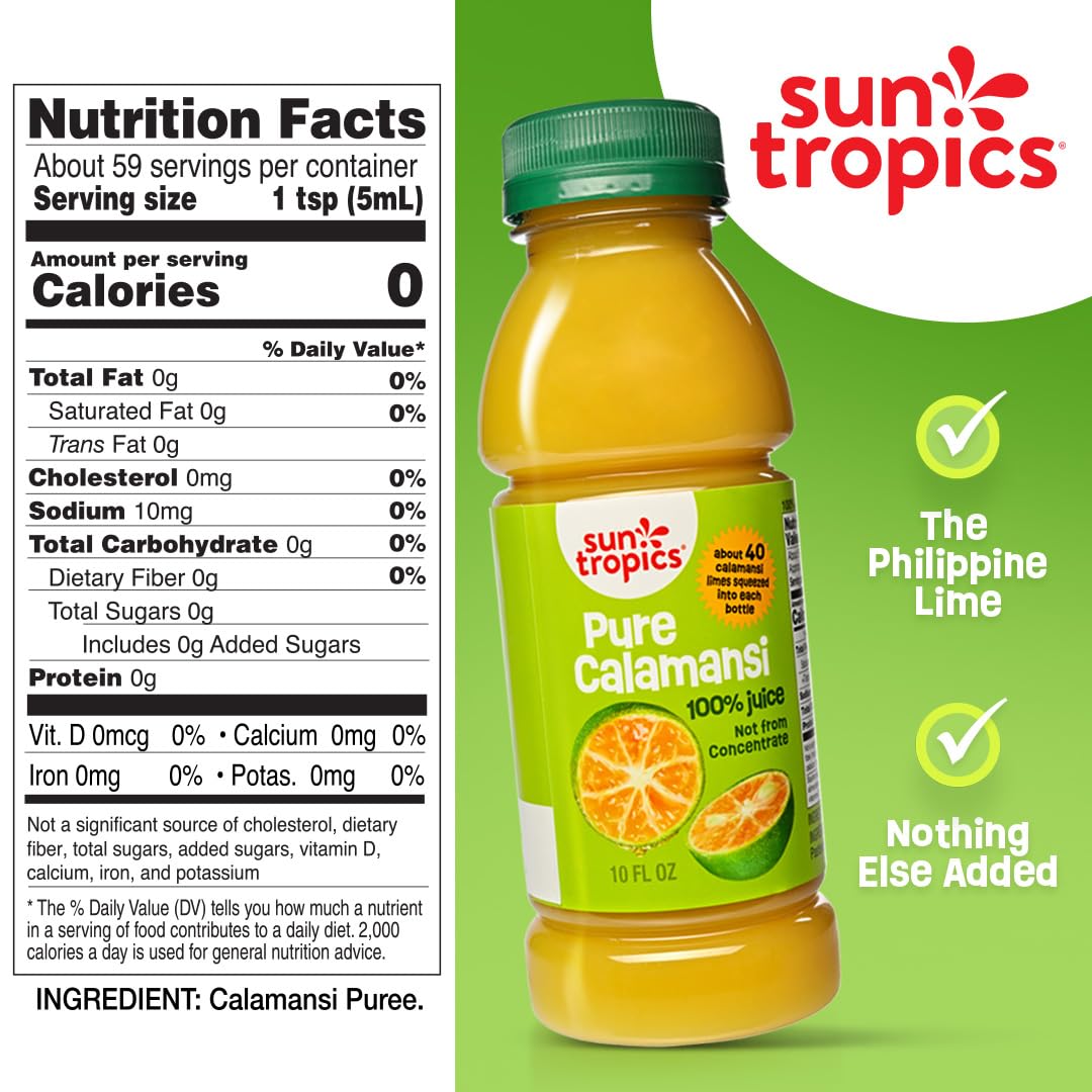 Sun Tropics label and ingredient list emphasizing 100% pure calamansi