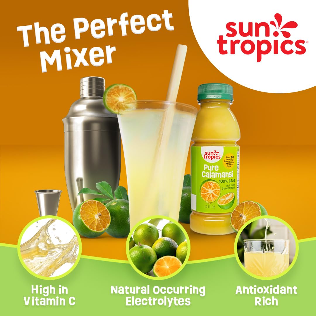 Sun Tropics calamansi juice pouring into a glass showing bright citrus flavor