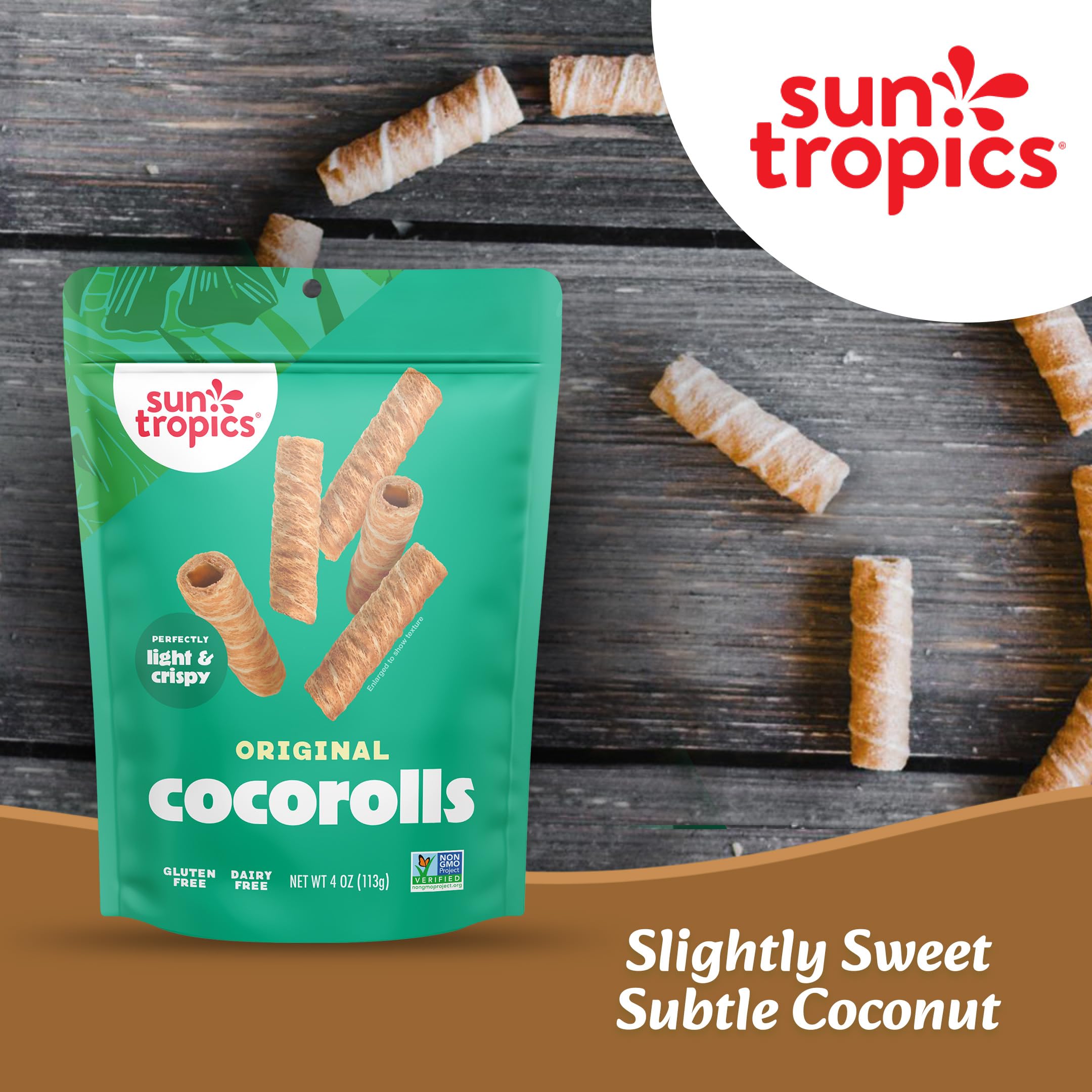 Sun Tropics CocoRolls open bag with wafers visible demonstrating easy portion access