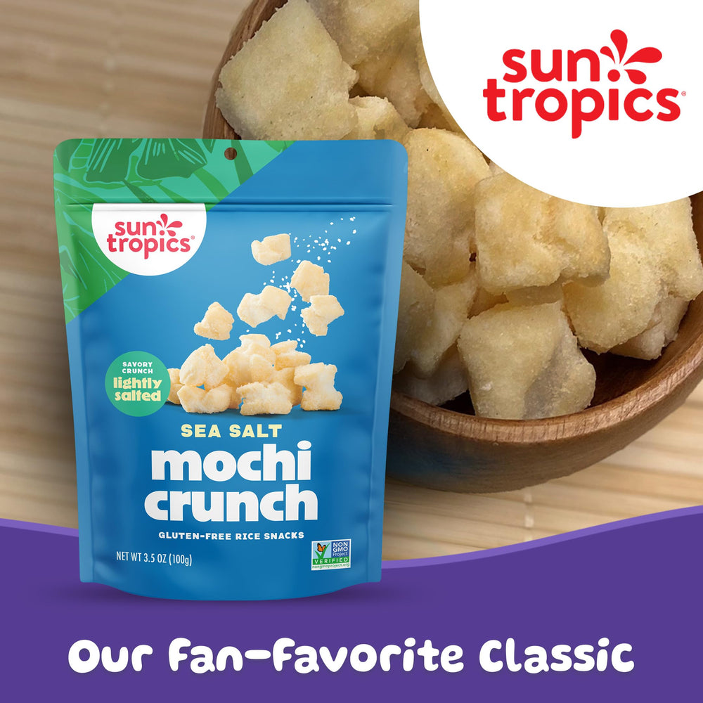 Sun Tropics mochi crunch texture detail showing airy rice puffs and lightness benefit
