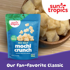 Sun Tropics mochi crunch texture detail showing airy rice puffs and lightness benefit