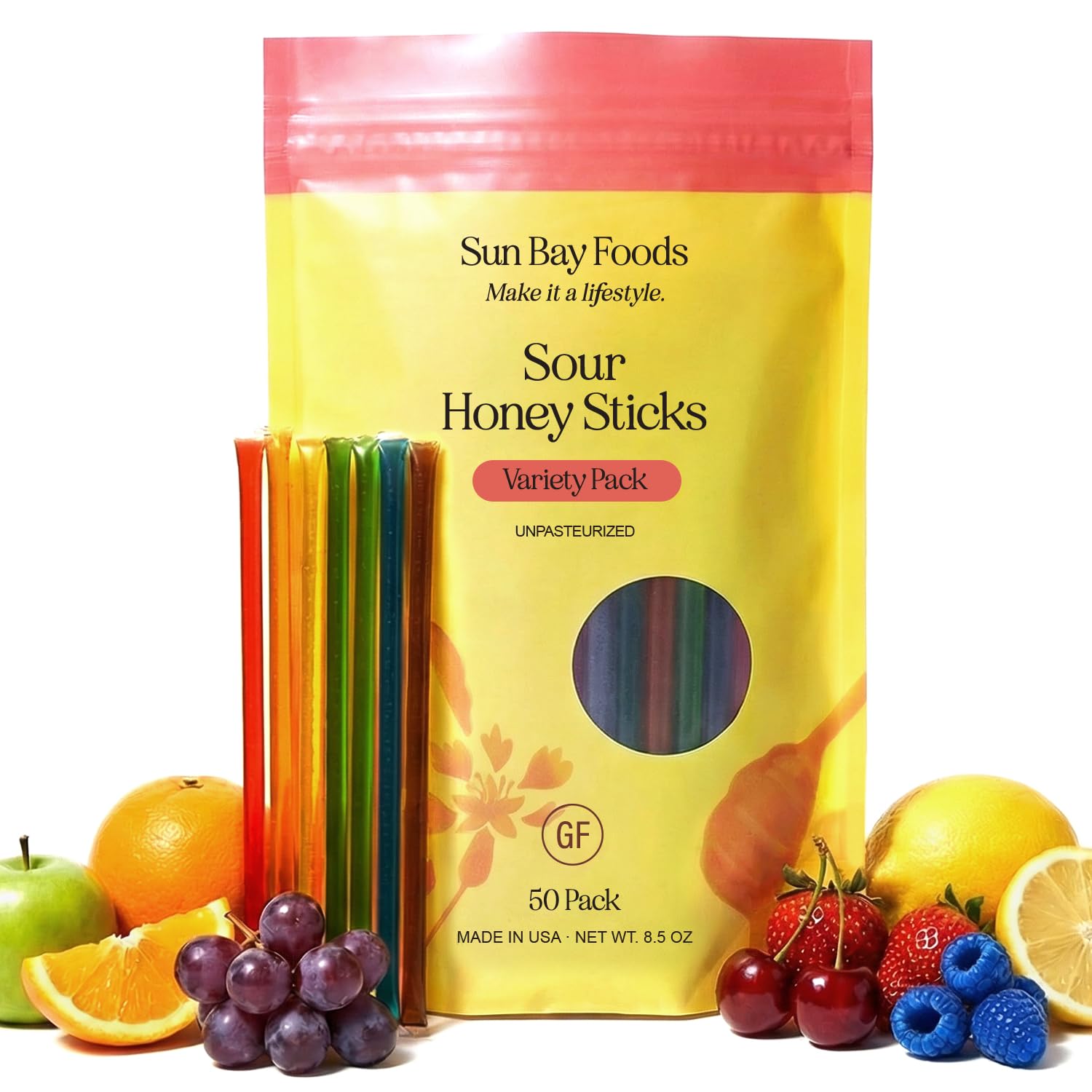 Sunbay Foods front packaging showing 50 honey sticks and benefits