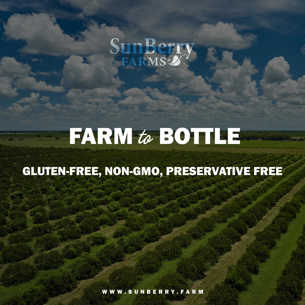 Sunberry Farms gallon on pantry shelf with measuring cup for portioning
