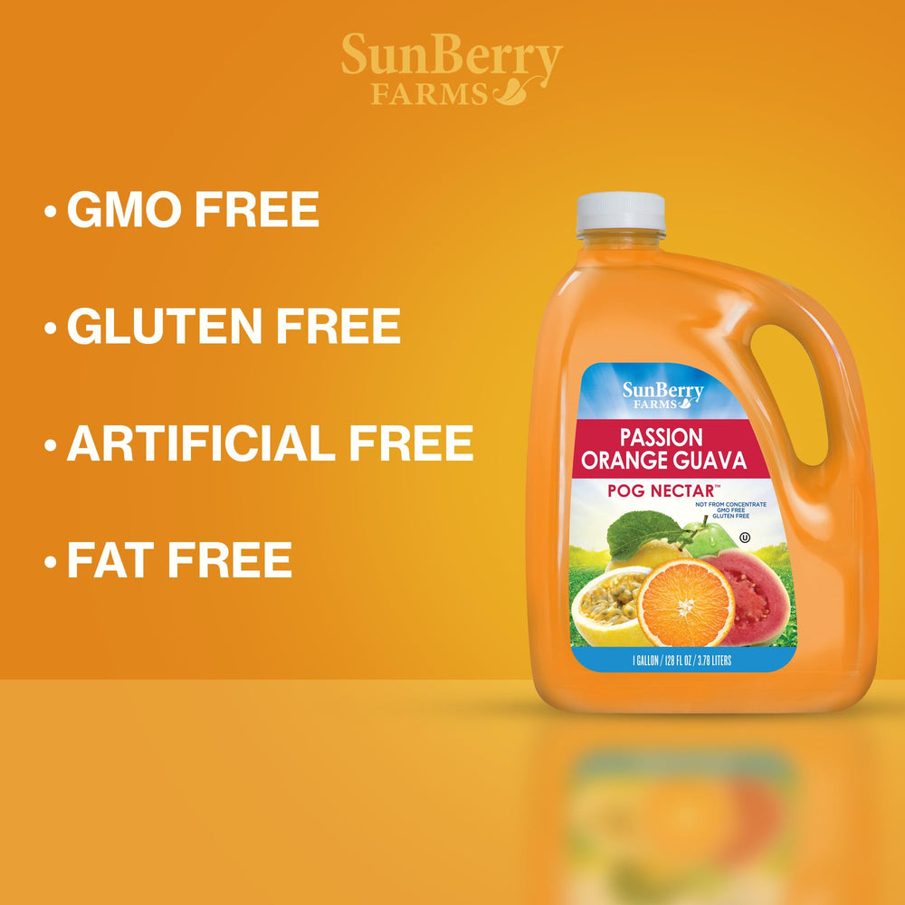 Sunberry Farms pouring POG into glass for refreshing tropical serving