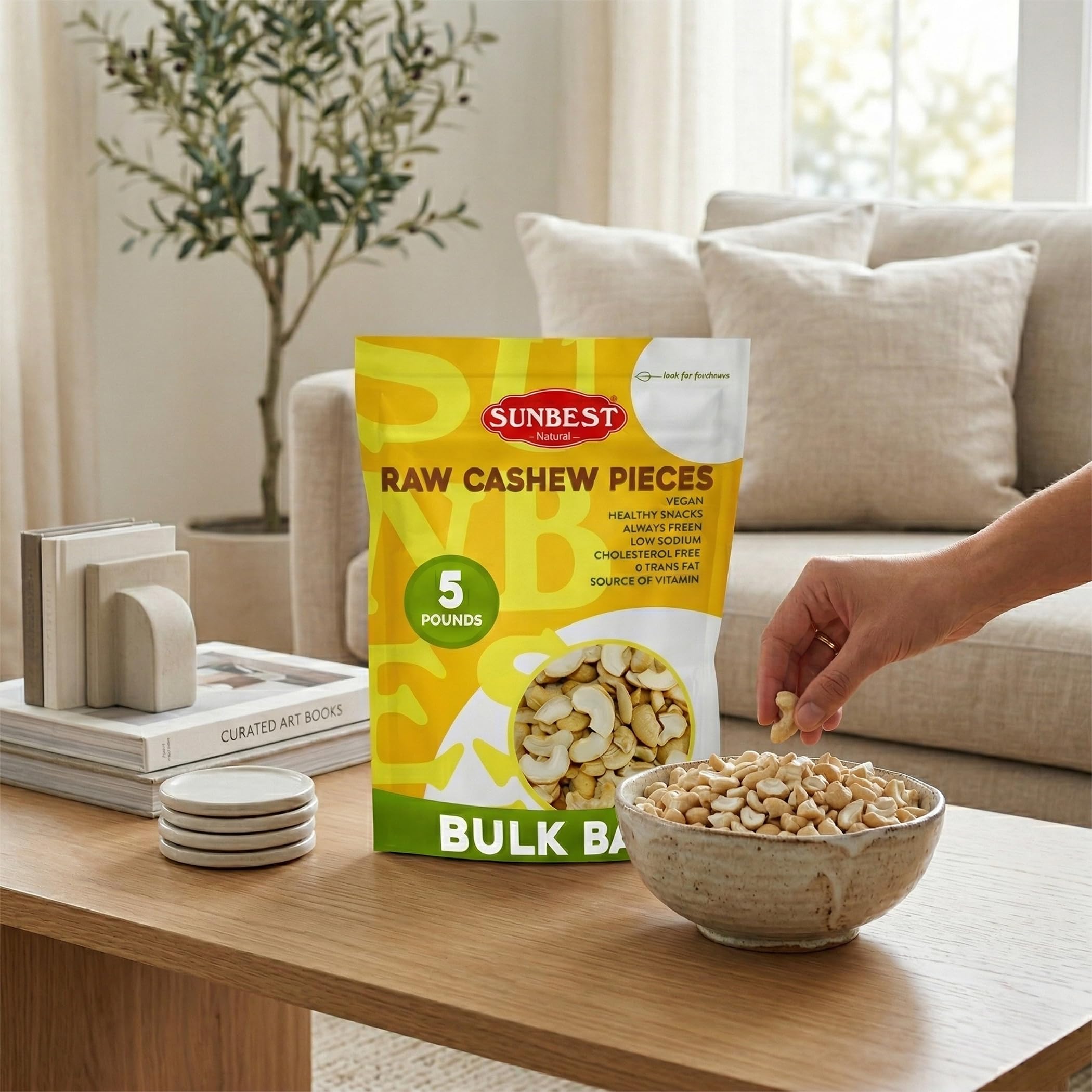 Sunbest Natural cashews sprinkled on baked goods to illustrate topping and baking versatility
