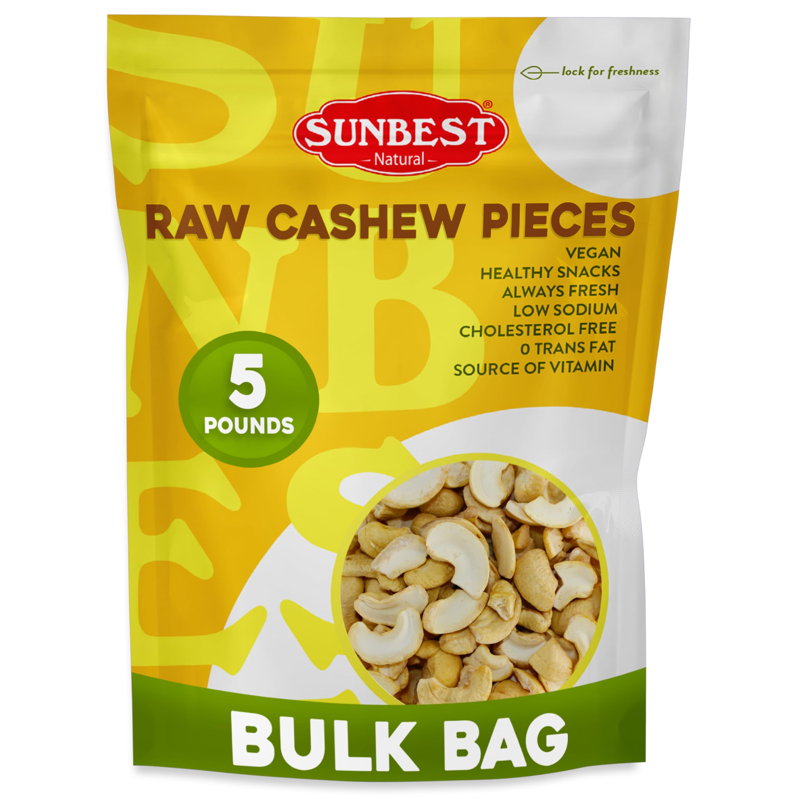 Sunbest Natural front packaging showing 5 lb bag and clear label for bulk storage benefits