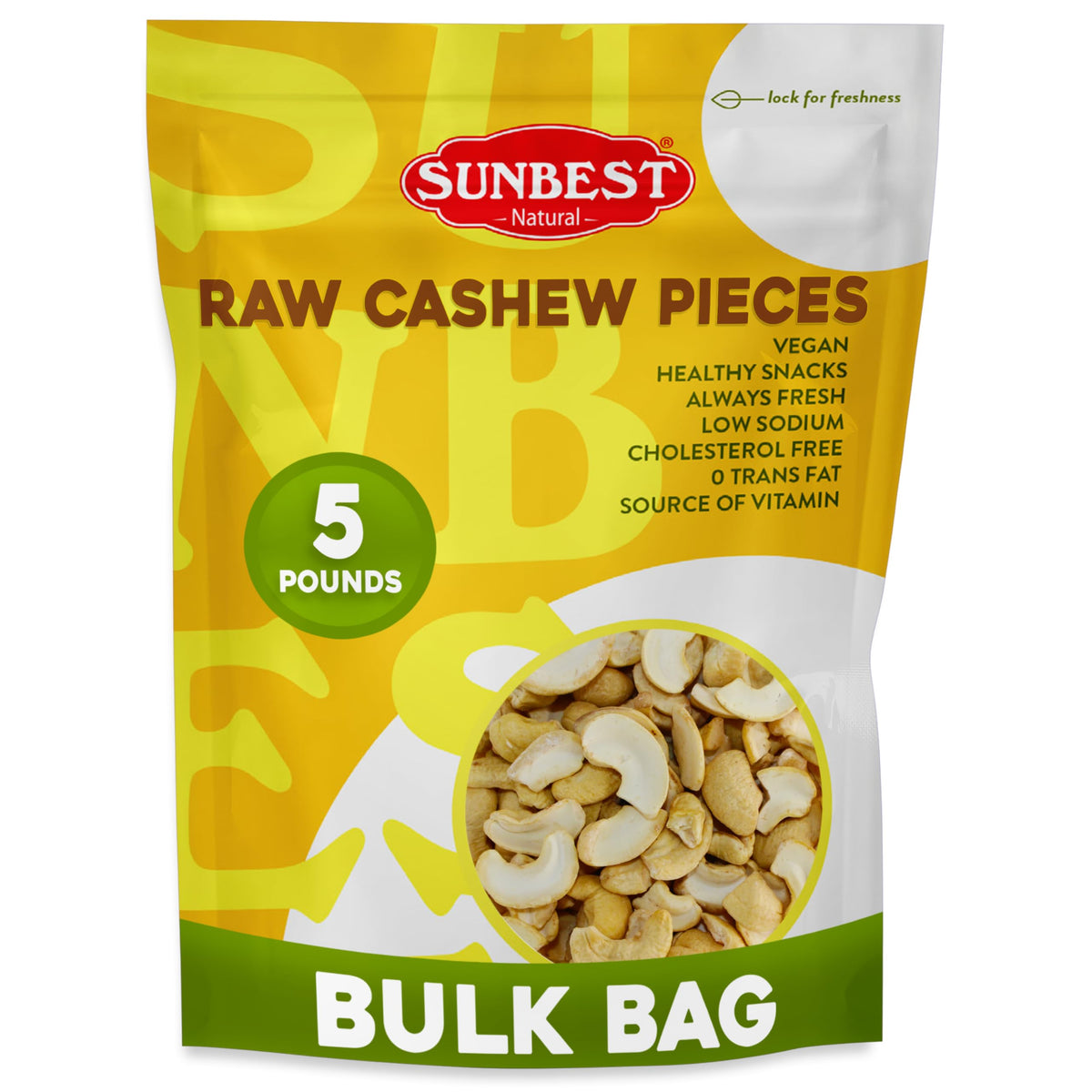 Sunbest Natural front packaging showing 5 lb bag and clear label for bulk storage benefits