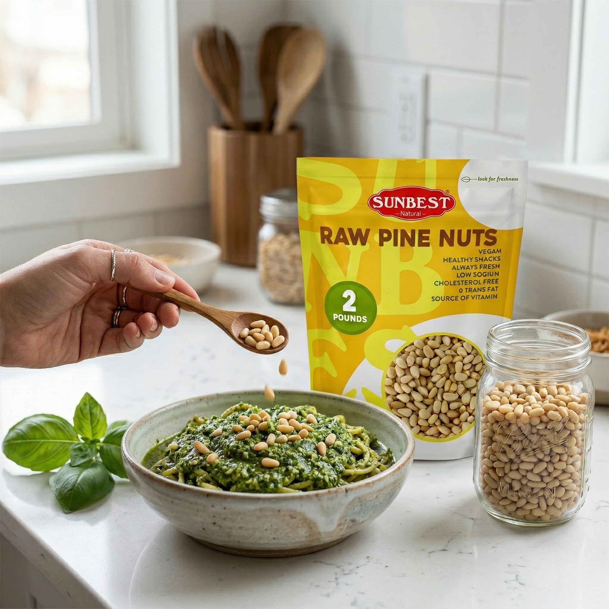 Sunbest Natural pine nuts beside measuring cup for portion reference