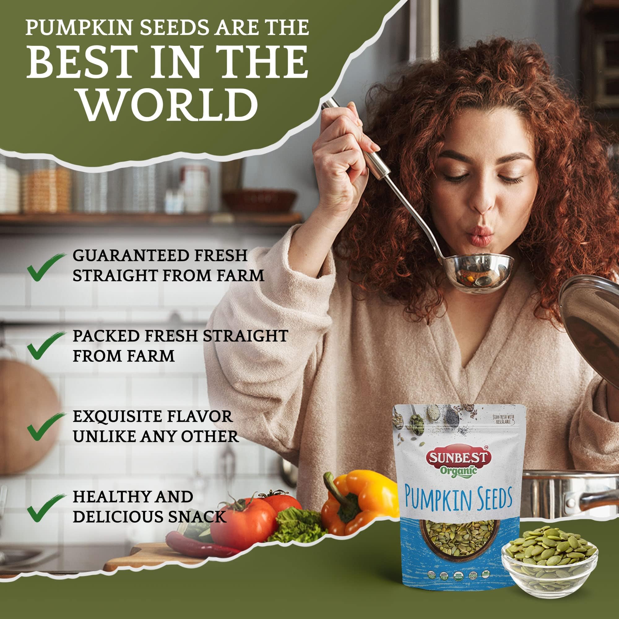 Sunbest Natural portion-size comparison beside measuring cup, demonstrates quantity per bag