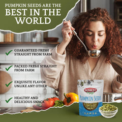 Sunbest Natural portion-size comparison beside measuring cup, demonstrates quantity per bag