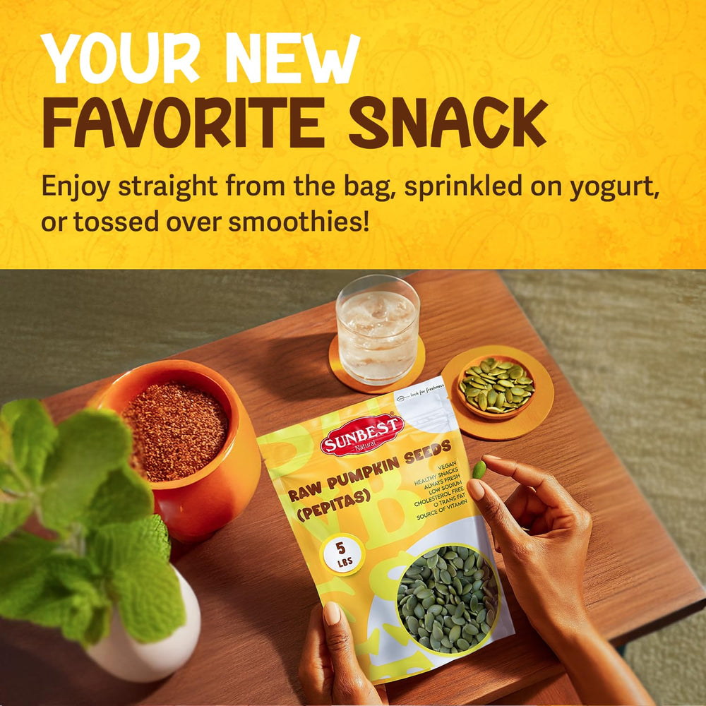 SUNBEST NATURAL pumpkin seeds on baking counter with ingredients showing recipe versatility benefit