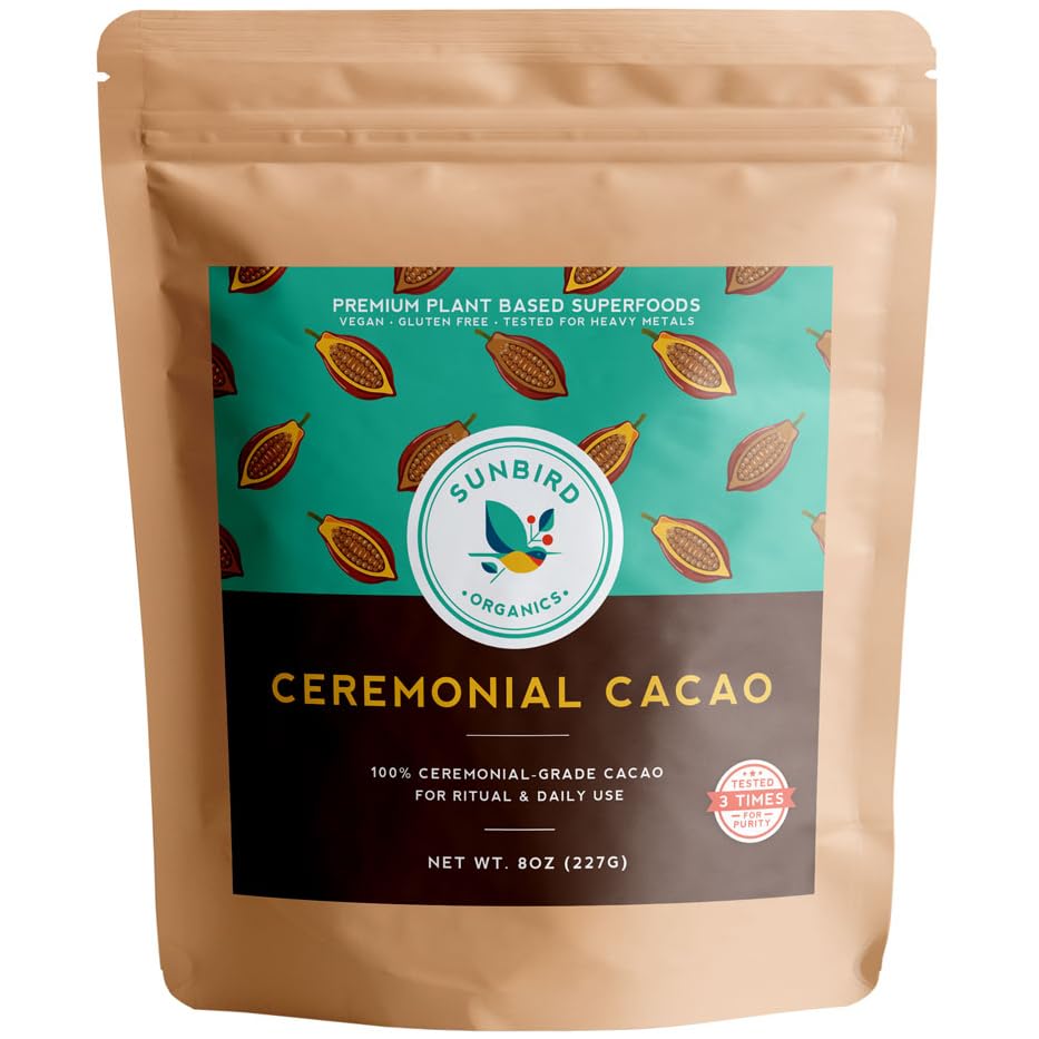 Sunbird Organics front packaging showing organic ceremonial cacao benefits