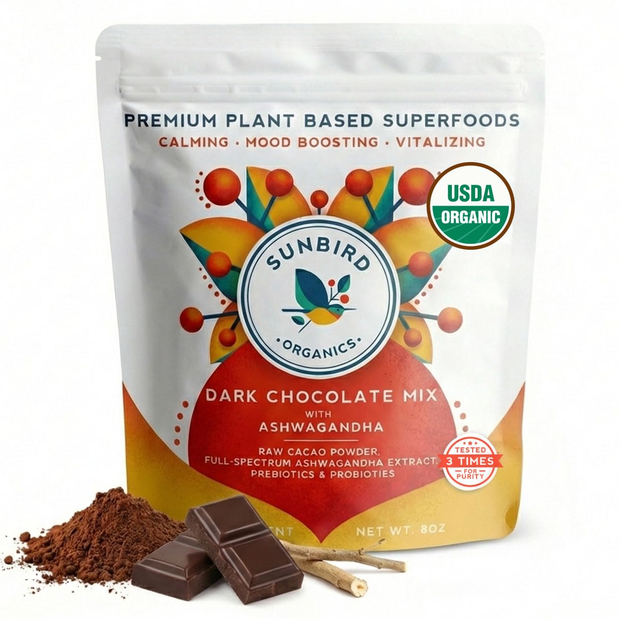 Sunbird Organics front pouch showing label and convenient storage benefit