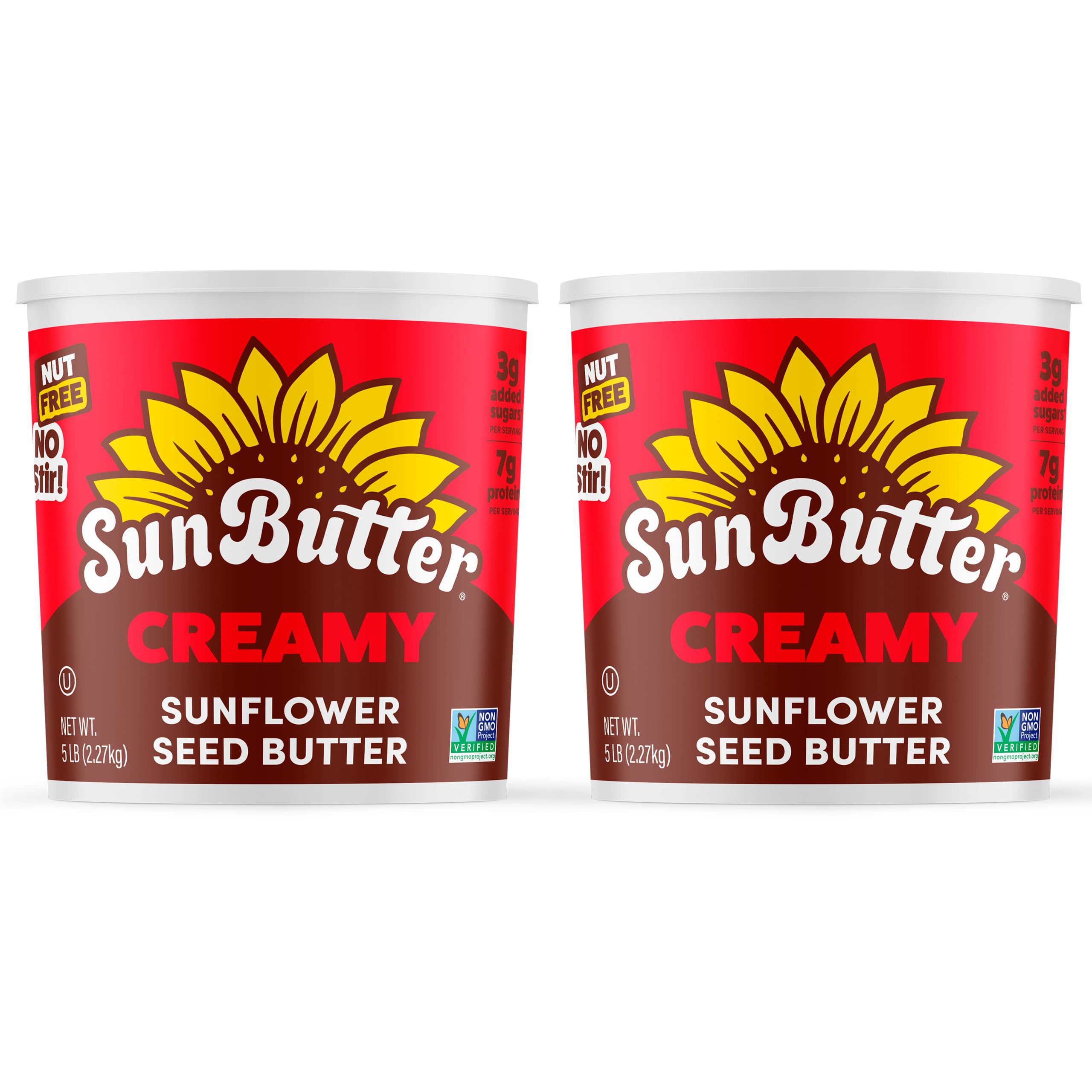 SunButter two five-pound pails front view showing brand and bulk packaging benefit