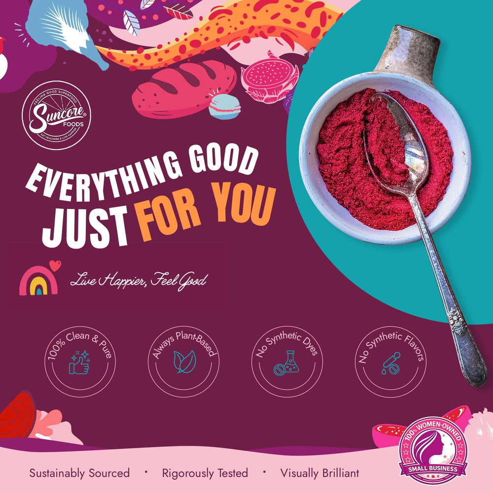 Mixing bowl with batter and Suncore Foods beet powder for baking color and flavor