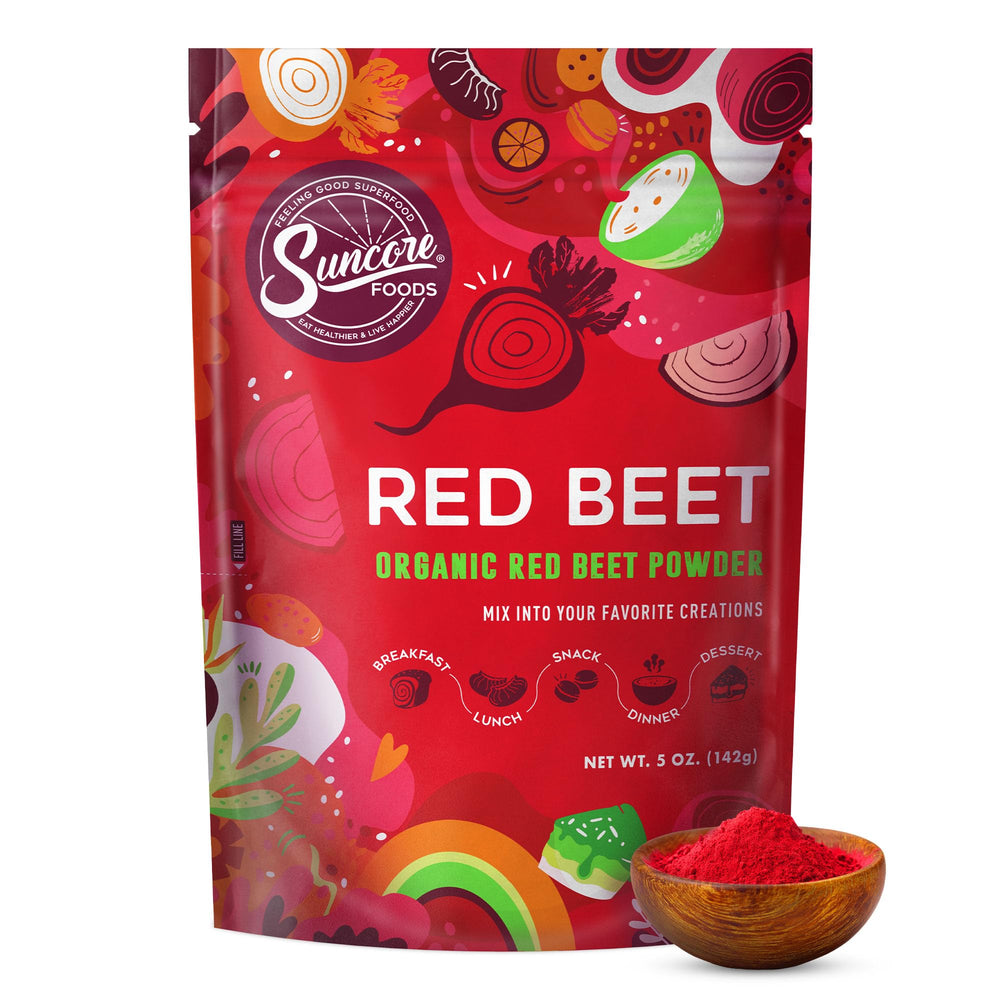 Suncore Foods front pouch showing natural beet powder and label for shelf-ready use