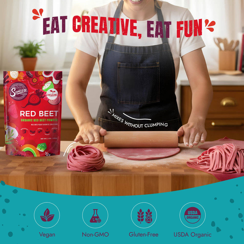 Cupcake with frosting tinted by Suncore Foods beet powder showing natural red hue