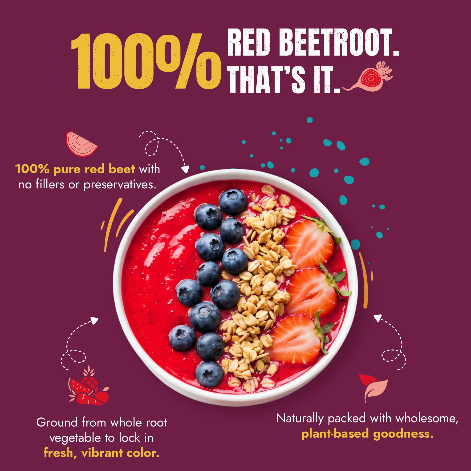 Pouring beet powder into a smoothie demonstrating Suncore Foods adding vibrant color