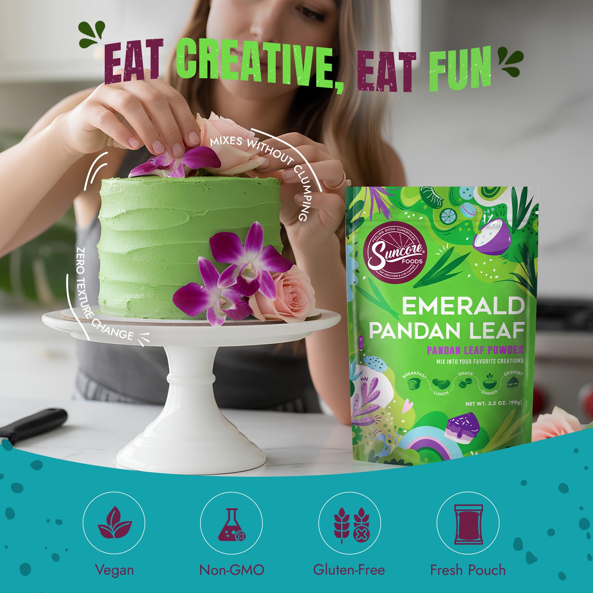 Suncore Foods pandan used on a green cake showing bright natural color and appeal