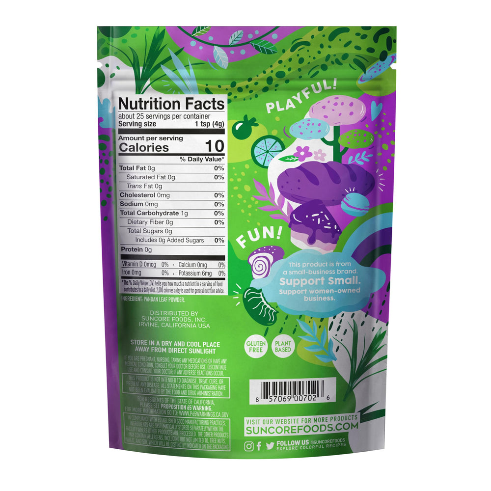 Suncore Foods pandan powder spoon close-up shows fine grind and easy mixing