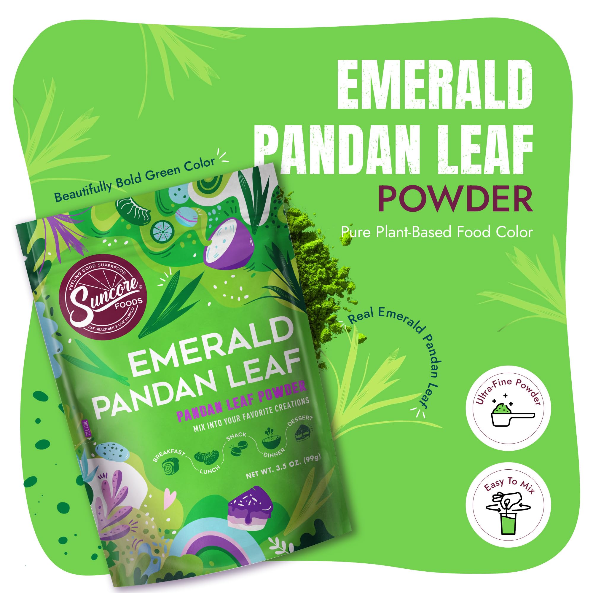 Suncore Foods pandan powder texture displaying smooth, vibrant green color benefit