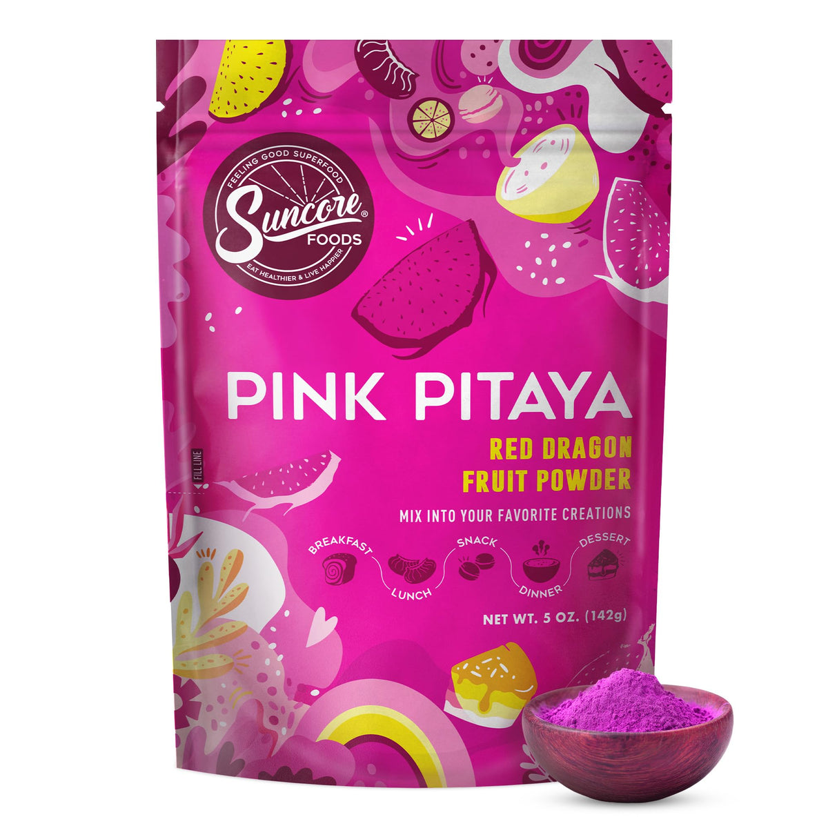 Suncore Foods front pouch displaying product and vibrant pink color benefit