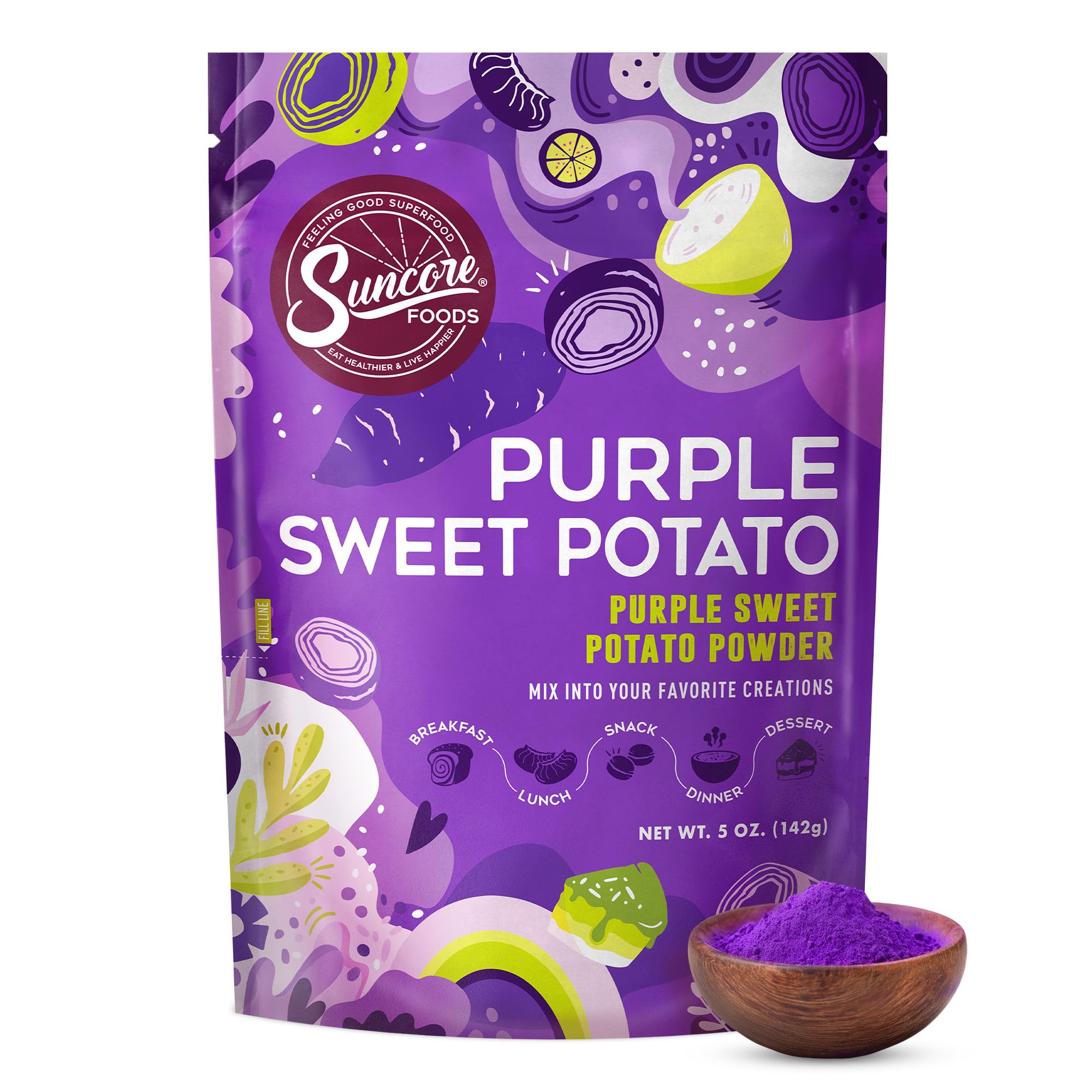 Suncore Foods front pouch showing product and natural purple color benefit