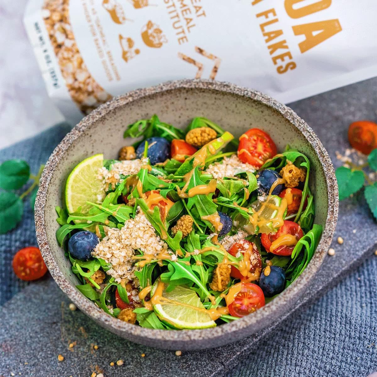 flatlay of baking ingredients with Suncore quinoa flakes ready for recipes