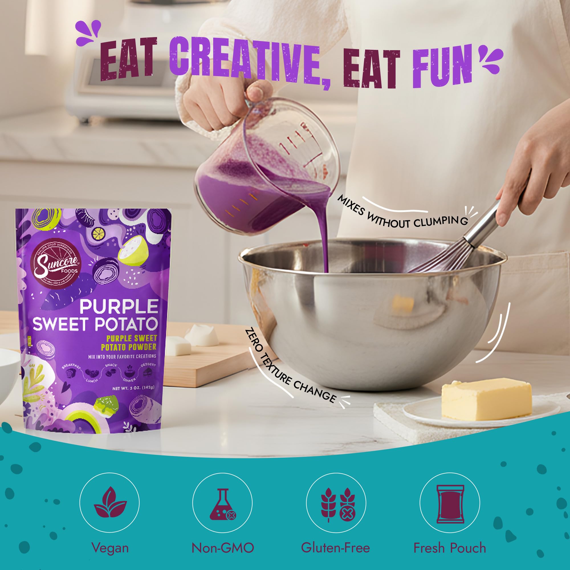 smoothie bowl tinted with Suncore powder showcasing bright purple aesthetic appeal