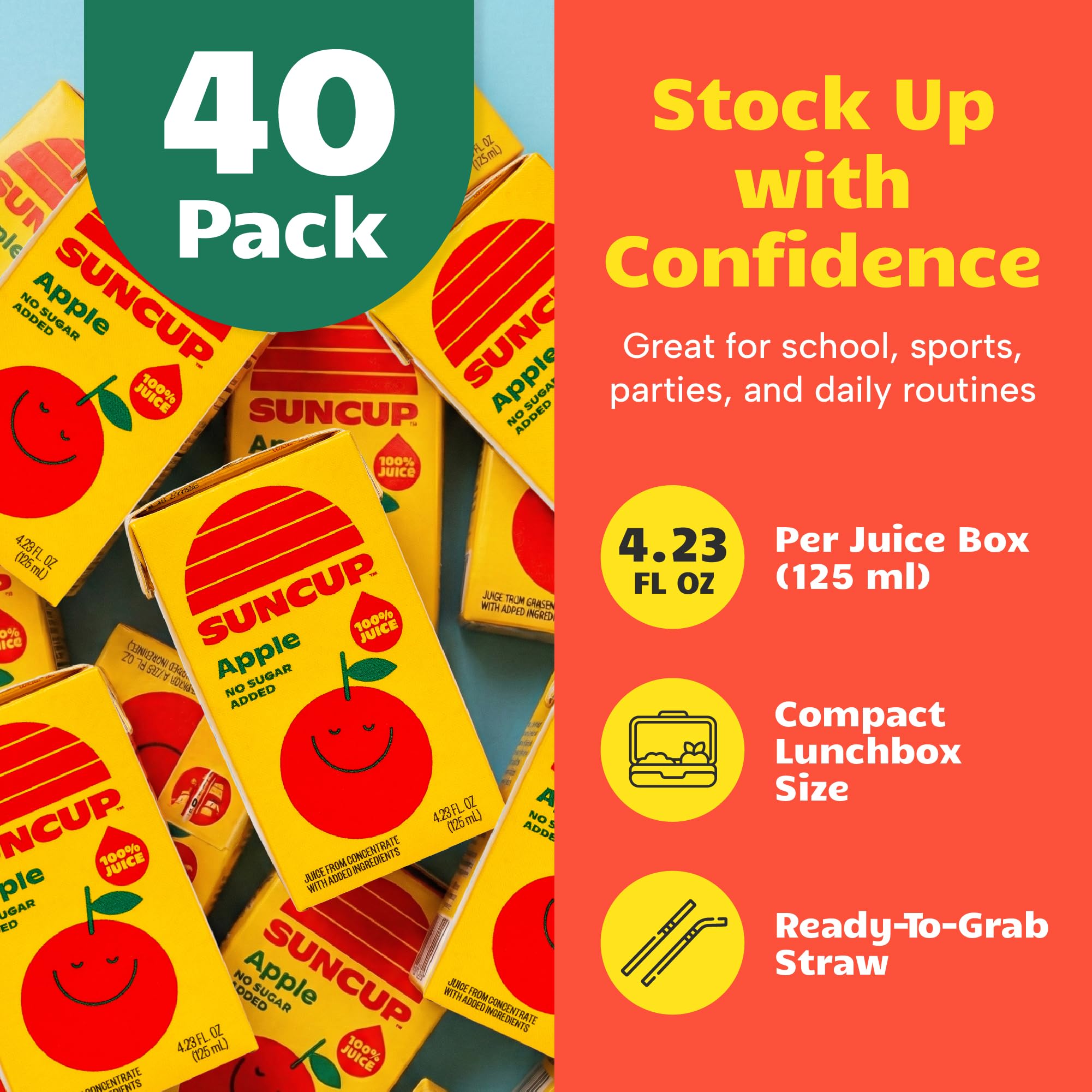 Stacked Suncup 40-pack boxes in pantry showing bulk value for families and events