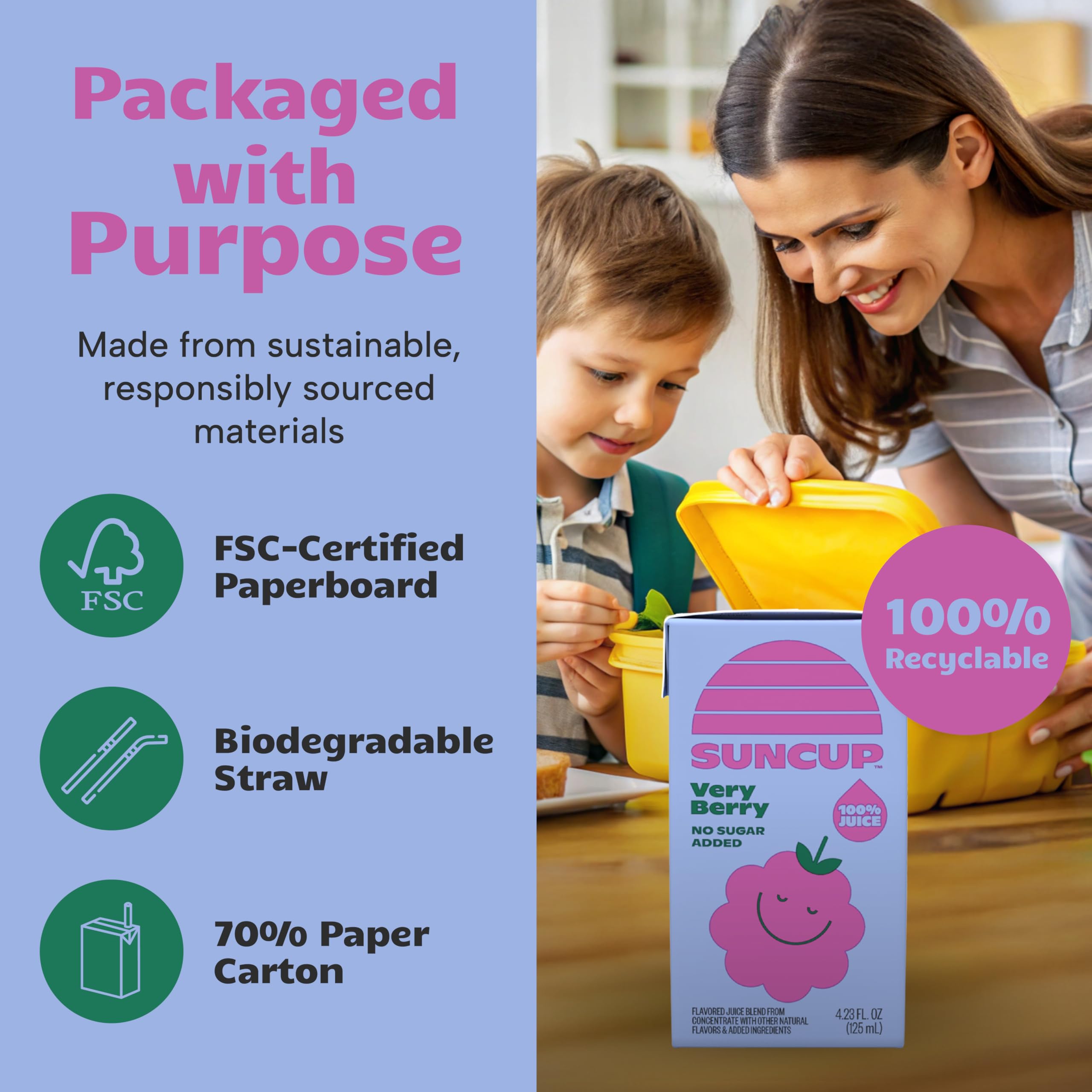 SunCup very berry carton next to fruit to show serving size scale