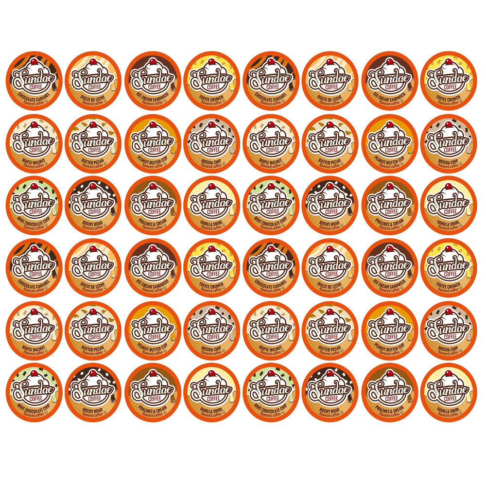Sundae Coffee front packaging showing 48-count variety and dessert flavors for convenience