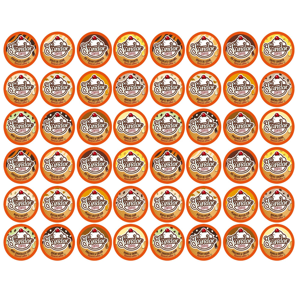 Sundae Coffee front packaging showing 48-count variety and dessert flavors for convenience