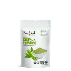 Sunfood Superfoods matcha front packaging showing 4 oz pouch and product branding benefits