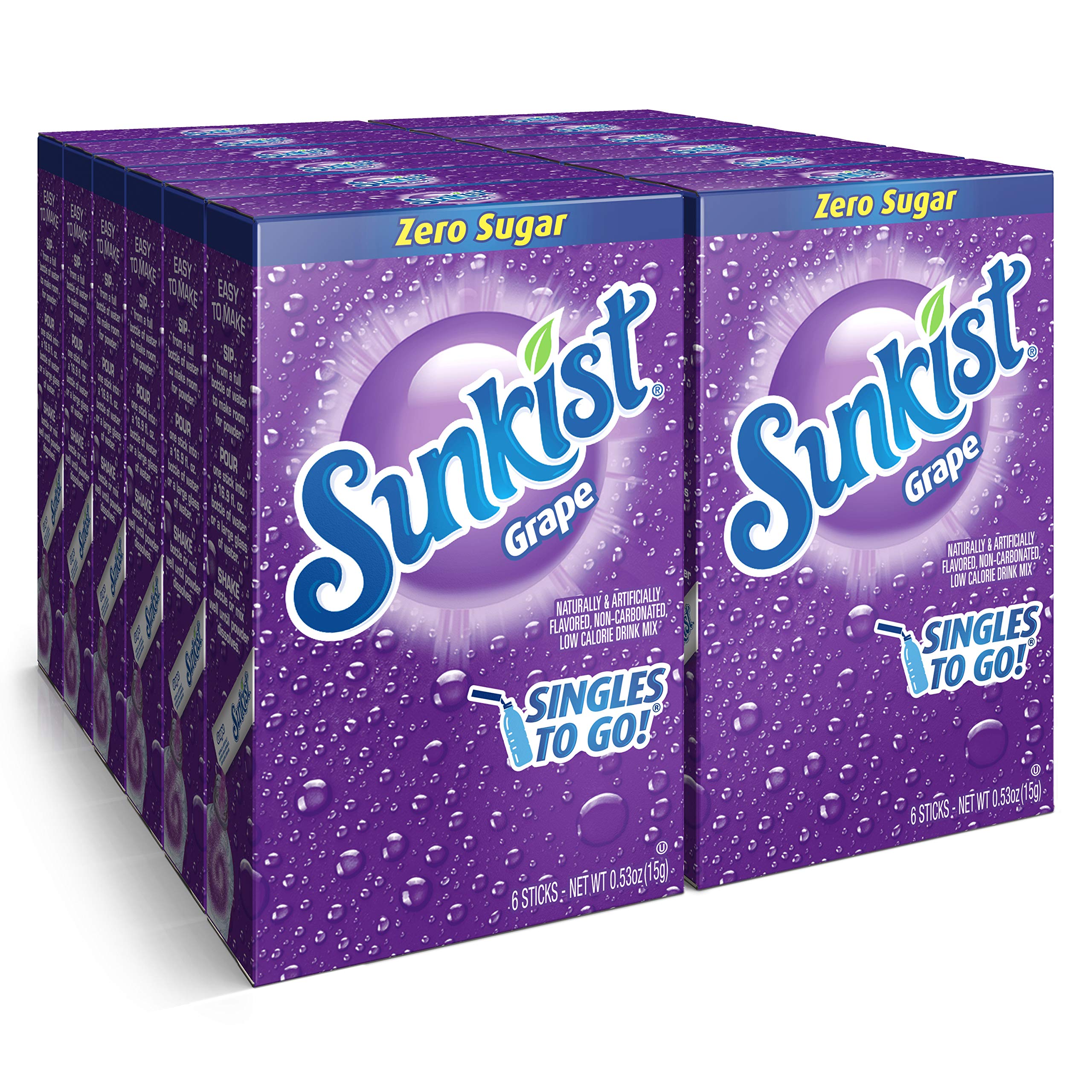 SINGLES TO GO! front packaging showing grape flavor and convenient sticks for travel