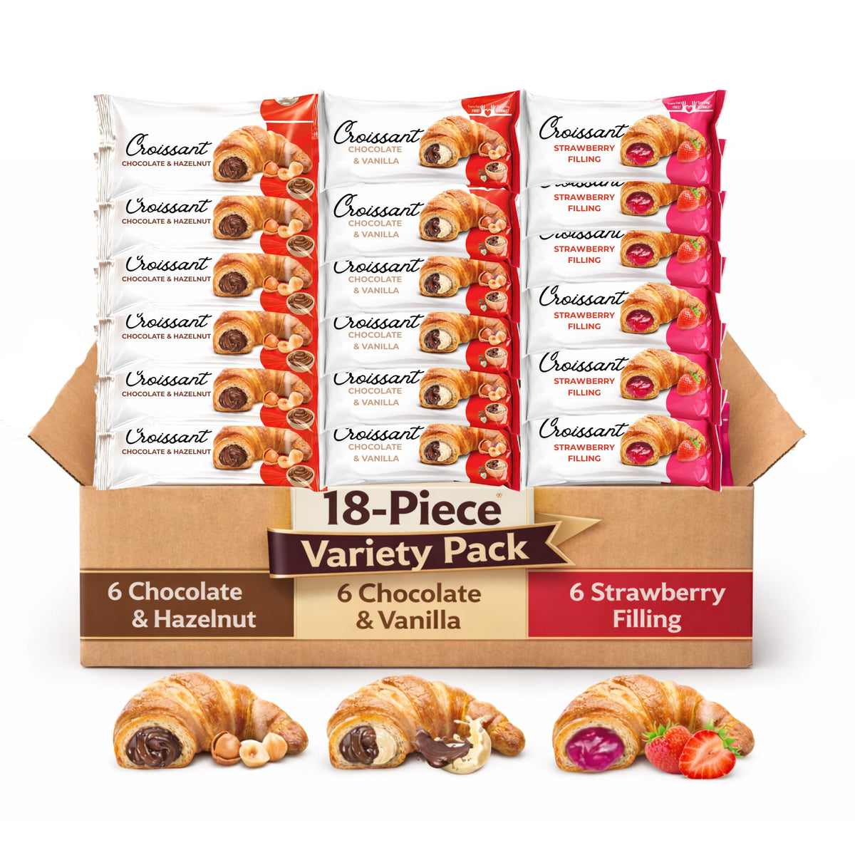 SUNGOODS front packaging showing 18 croissants and flavors, convenient bulk value