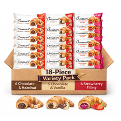 SUNGOODS front packaging showing 18 croissants and flavors, convenient bulk value