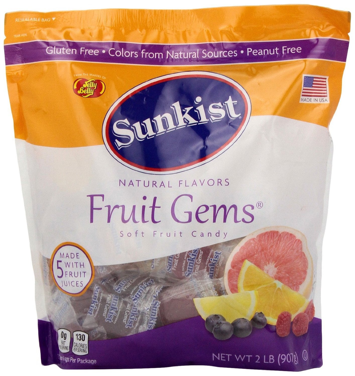 Sunkist front packaging of 2 lb resealable bag showing flavors and branding benefits